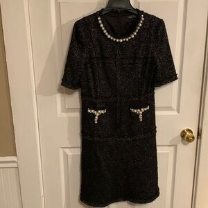 Rickie Freeman by Teri Jon Dresses Black Metallic Tweed Midi Short Sleeve Dress